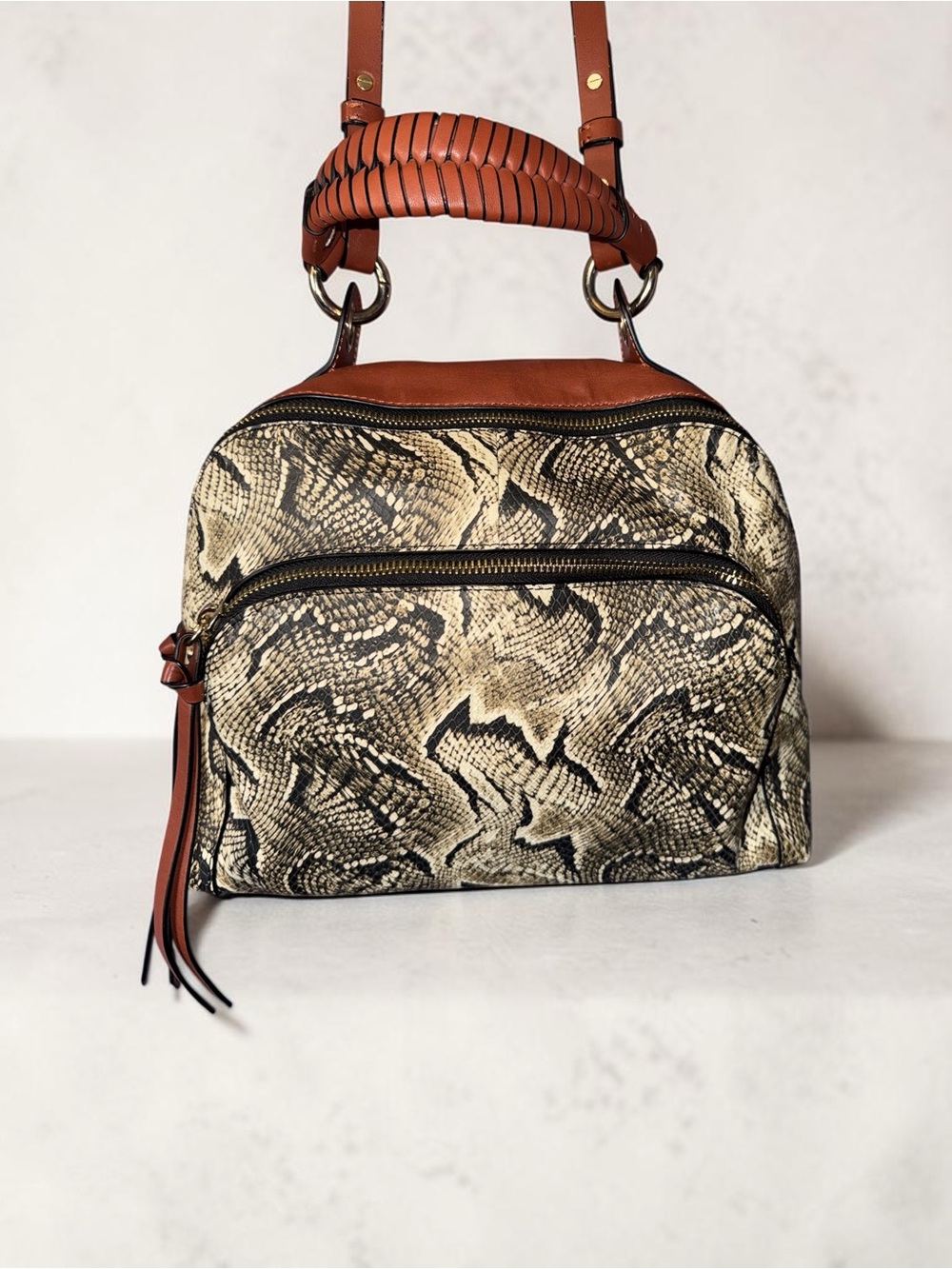 Vince Camuto Snakeskin Satchel Brown Leather Trim Shoulder Bag